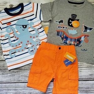Embroidered Pirate Ship and Octopus T-Shirts and Shorts Set Whale Hello There